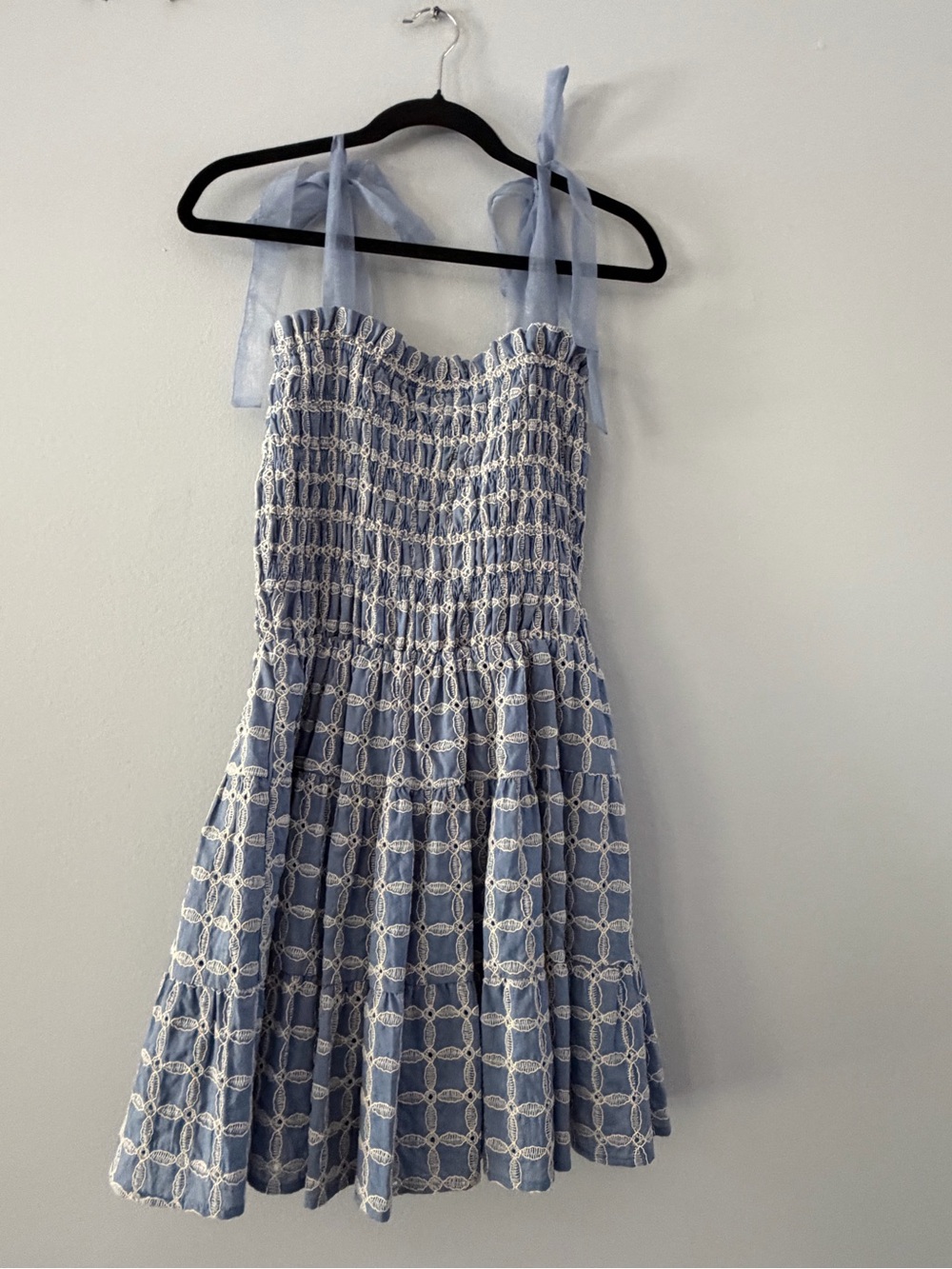 Light Blue Tie-Shoulder Midi Dress with White Lace Detail
